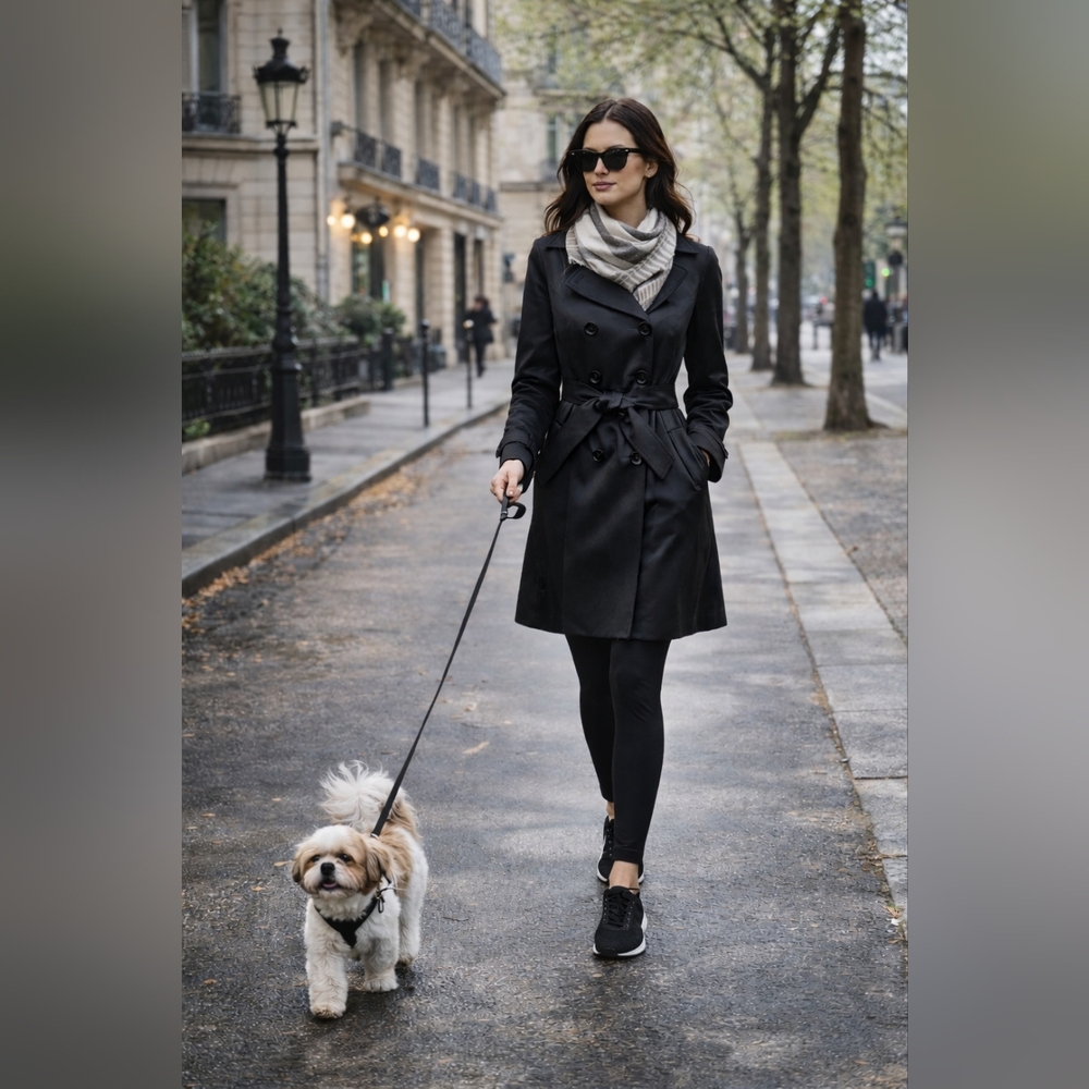 Black Double Breasted Trench Coat Belted Pleated Back Elegant Classic Small